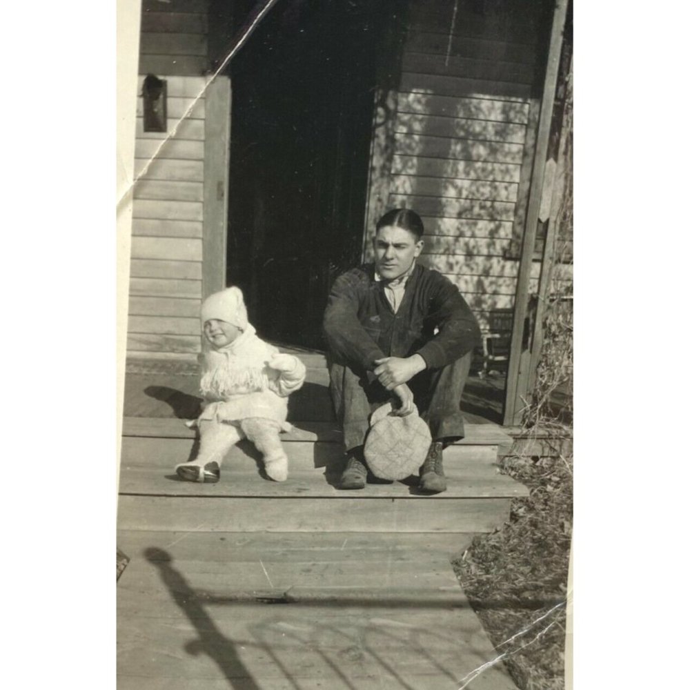 Vtg Found Photo Snapshot Toddler & Father on Porch Glendive MT Original 1930s